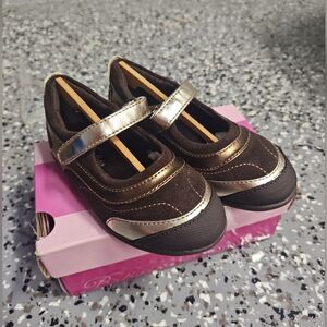 Jumping Jacks Balleto Gloria Mary Jane Brown Gold Metallic Hook Loop Leather 7.5